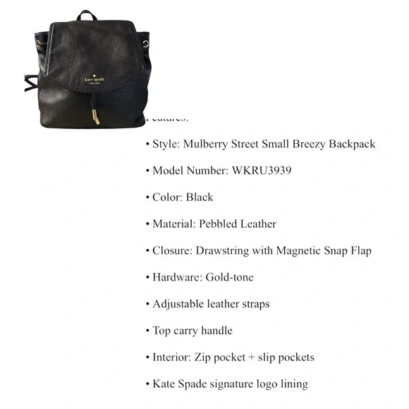 Kate Spade Black Pebbled Soft Leather Backpack Mulberry Street Breezy Small Bag - Picture 8 of 14